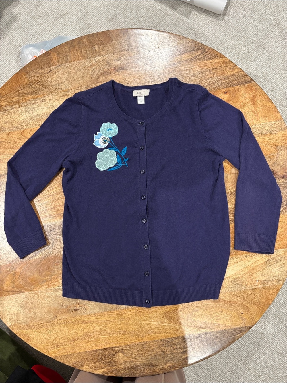 LOFT Navy/Purple Cardigan with Blue Floral Embroidery